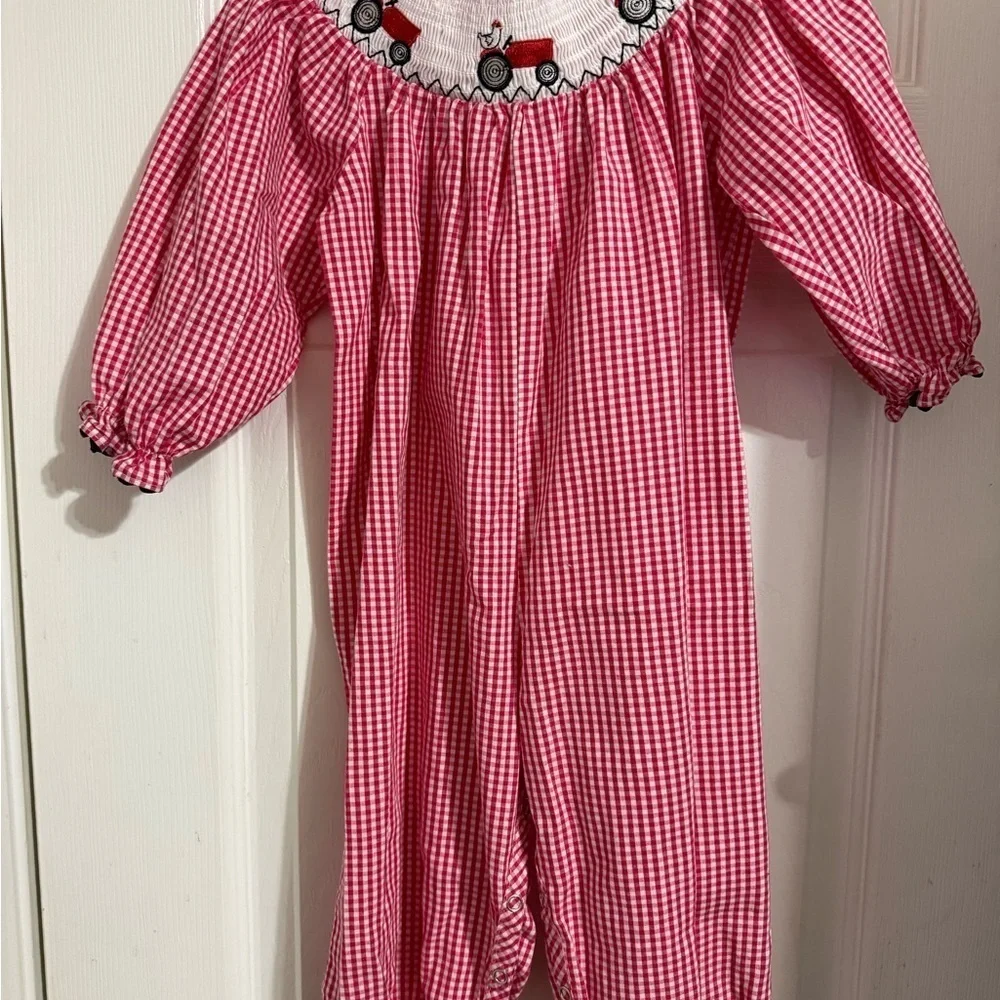 Marie Nicole Smocked Red Wagon Romper